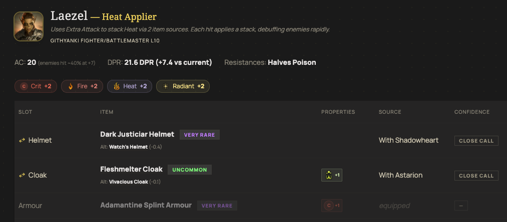 Sample Buildsmith report showing Lae'zel's recommended equipment